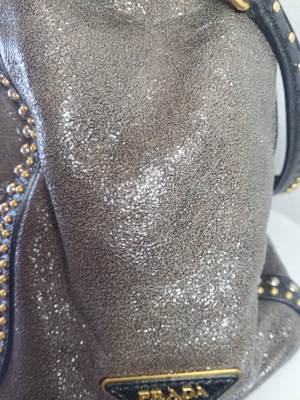 34. Prada Metalic grey studded zip top satchel top handle bag - Picture 6 of 11